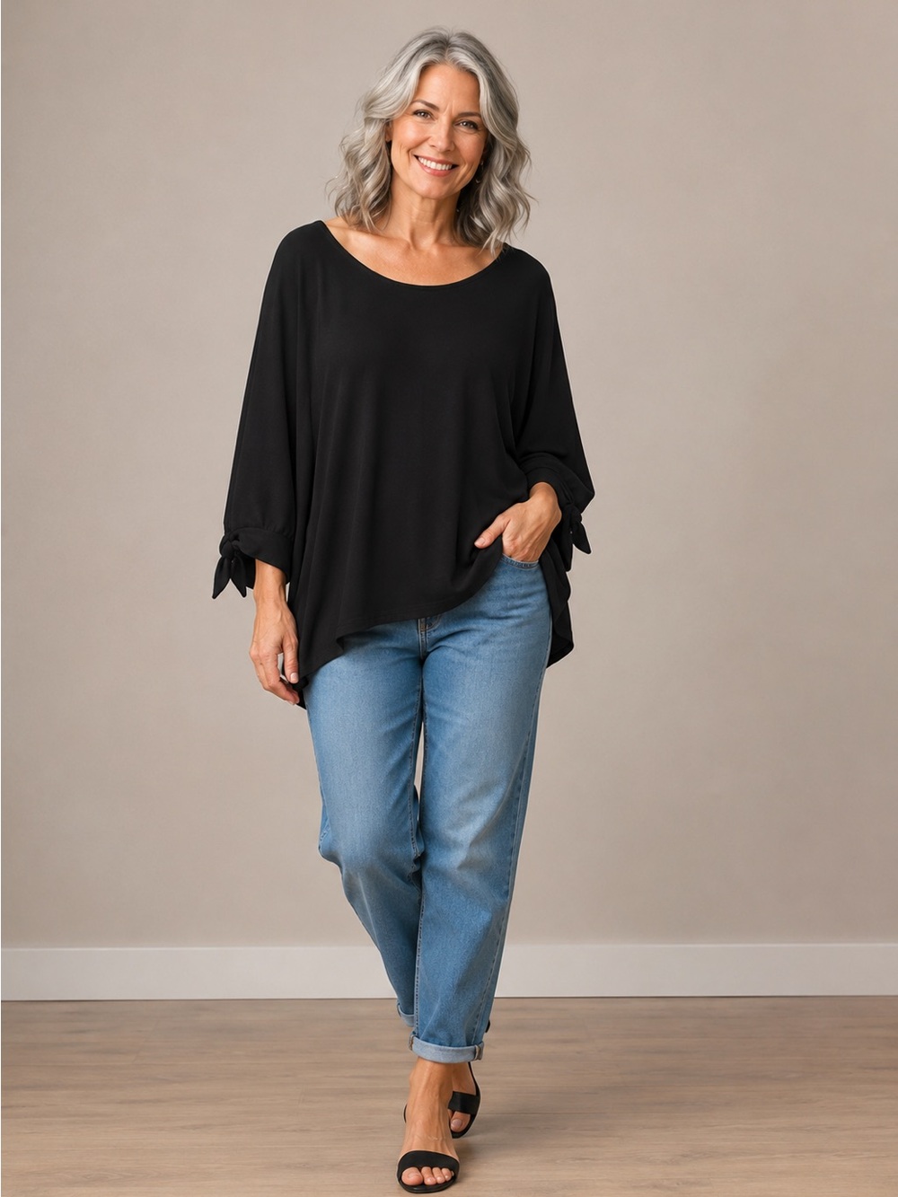 Julian Chang Black Dolman Tie Sleeve Flowy Top Size Medium